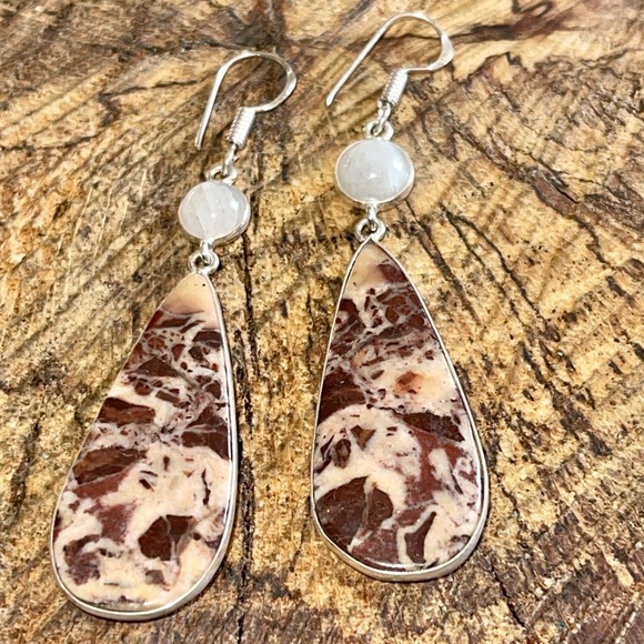 Coconut Jasper & Rainbow Moonstone Earrings 2 1/2” - Picture 12 of 14